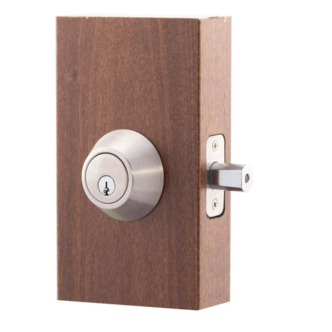 Satin Stainless Single Cylinder Deadbolt With ANSI Grade 3 Security on a wood block, side view showing steel cylinder guard.