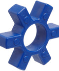 Open Center Jaw Coupling With Urethane Elastomer Spider For Flexible Shock Absorption, Tough Drive Coupling, L-AL 099-100 Style, 1-1/32 In Open Center, 2.54 In OD, 0.61 In Length, 626 In-Lbs Nominal Torque, blue spider close-up