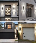 LED Up And Down Outdoor Wall Lights Two Pack Sconce For Porch Patio And Garage Exterior House Lighting 14W IP65 3000K 1200LM GU10 Bulbs Square Outdoor Light Fixture installed on house entrances and garage.