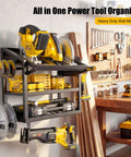 Heavy Duty Metal Circular Saw Holder Wall Mount And 3 Tier Tool Organizer holding saws, blades, and tools in workshop