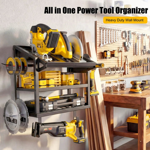 Heavy Duty Metal Circular Saw Holder Wall Mount And 3 Tier Tool Organizer holding saws, blades, and tools in workshop