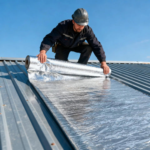 Man applying No Hassle Easy Peel And Stick Asphalt Roofing Roll With Reflective Foil Backing For Heavy Duty Waterproof Leak Patch And Summer Heat Deflector 39 By 16 Feet on a metal roof.