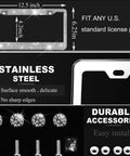 Dimensions and features of Sparkly Rhinestone License Plate Frames 2 Pack Bling Set with Over 1100 Black 5mm Rhinestones, durable accessories.