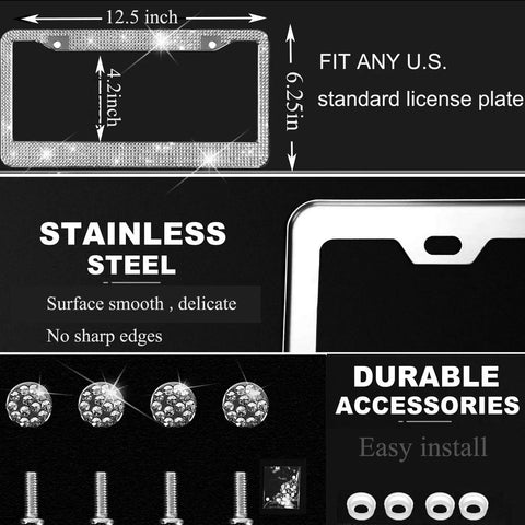 Dimensions and features of Sparkly Rhinestone License Plate Frames 2 Pack Bling Set with Over 1100 Black 5mm Rhinestones, durable accessories.