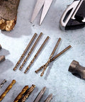 One Eighth Inch Cobalt Drill Bit Set 30 Piece M35 High Speed Steel Twist Bits alongside tools on workbench