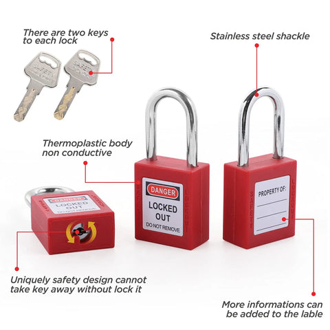 Pro Grade Lockout Tagout Kit with red safety padlocks, thermoplastic body, and stainless steel shackle, showing keys and design details.