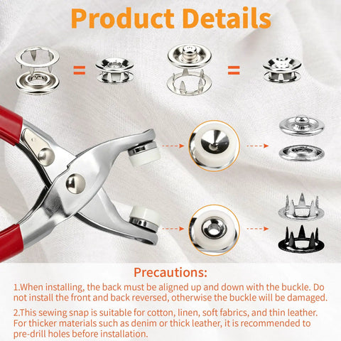 Straight Up Pro Level Snap Button Tool Kit With Tough Pliers Featuring 100 Sets Of 95Mm Metal Fasteners For Everyday Garment Repairs and instructions.