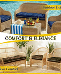 Oxford Blue Wicker Outdoor Cushions 3 Piece Set on patio loveseat and chairs, showing comfort and elegance indoors and outdoors.
