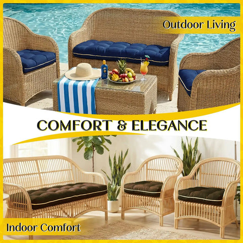 Oxford Blue Wicker Outdoor Cushions 3 Piece Set on patio loveseat and chairs, showing comfort and elegance indoors and outdoors.