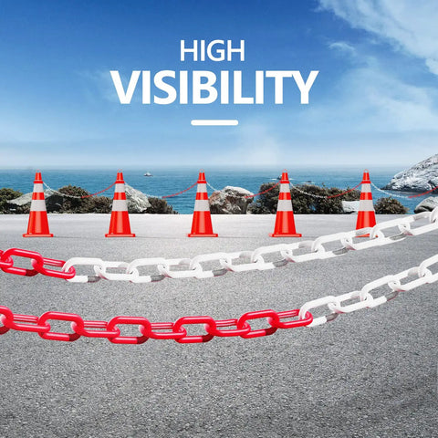 32 Foot Plastic Chain With 6 Connector Kits For Linking Traffic Cones And Barriers A Pro Grade Setup For Construction Sites Roadwork Parking Lots Driveways And Home Use with red and white links and visible road setup