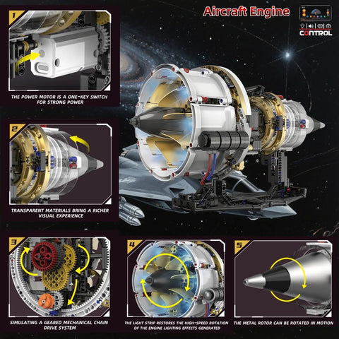 Detailed view of Jet Turbofan Engine Model Kit That Runs With App Control, Realistic Motor, Lighting Effects, 564 Plus Pieces.
