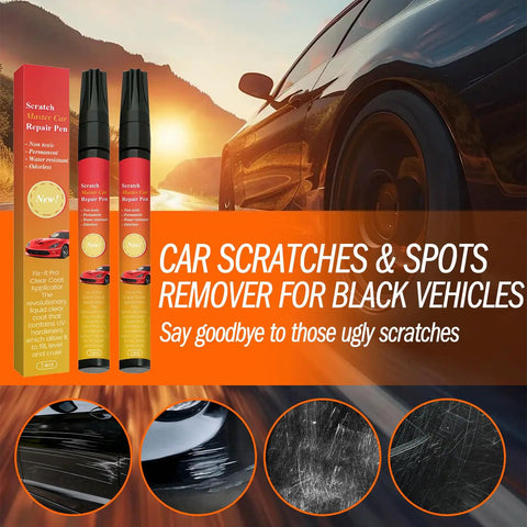 Black Car Scratch Repair Pen Kit 2 Pack, Quick Fix For Scratches And Paint Damage next to black car with reflective surface