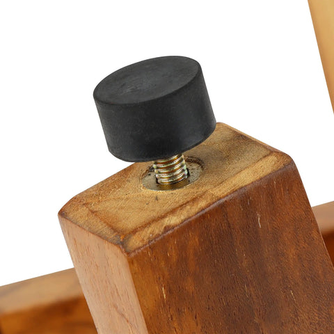 Close-up of nonslip foot base on teak shower stool for shaving, 12 inch compact foot stool, bath step, safe leg shaving stool for women.