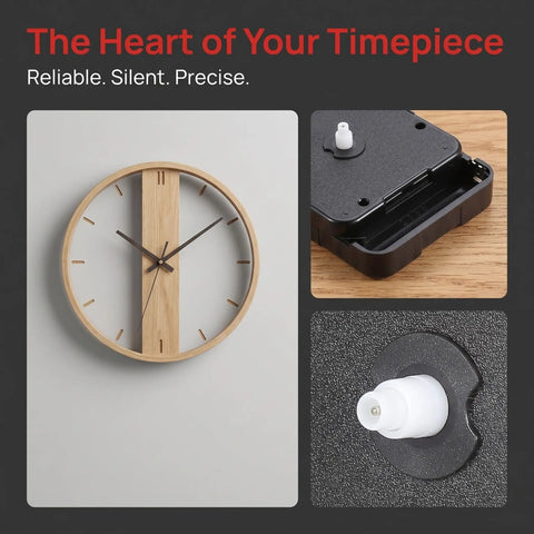 WhisperSilent Quartz Wall Clock Movement Kit With 8mm No Thread Shaft For DIY Projects And Home Decor, showing clock and mechanism details.