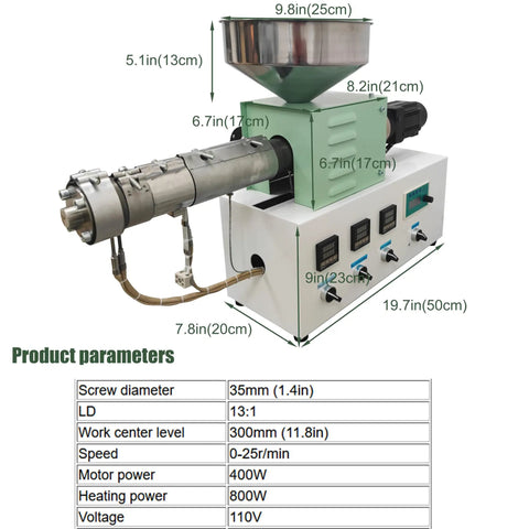 Top Shelf Desktop 3D Filament Maker Machine For PLA And ABS Plastic, High Precision Extruder with gauge and dimensions.
