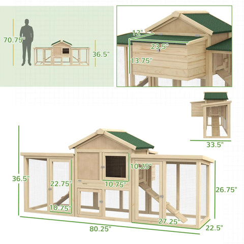 Dimensions and design details of 80 Inch Wooden Chicken Coop With Nesting Box And Double Run Design Outdoor Hen House With Removable Tray