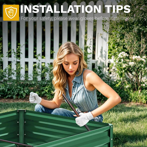 Person assembling a Raised Garden Bed Kit 6x3x1 Ft Outdoor Galvanized Metal Planter Box With Gloves in a garden setting