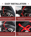 Hella Grippy Nylon Snow Chains For Passenger Car Tires, installation steps showing anti-skid chain adjustment process.