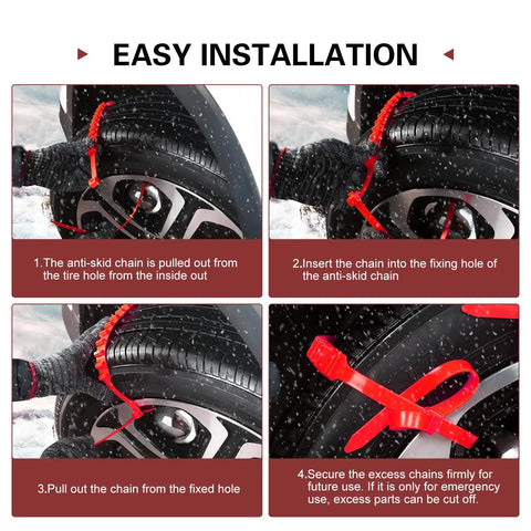 Hella Grippy Nylon Snow Chains For Passenger Car Tires, installation steps showing anti-skid chain adjustment process.