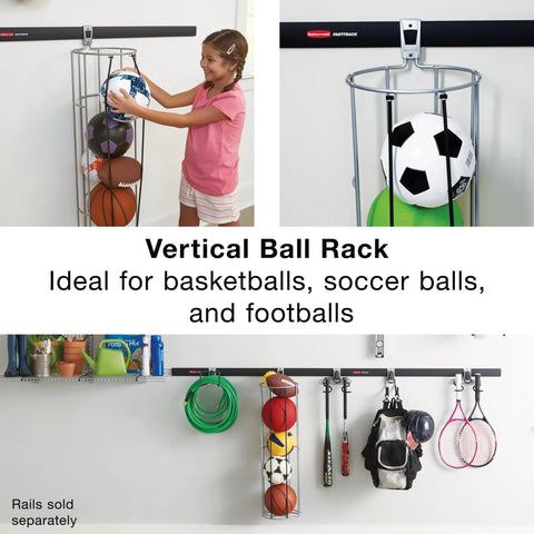 Child using Garage FastTrack Vertical Ball Rack Wall Mount in Satin Nickel for Home and Garage holds up to 50 lbs, organized balls