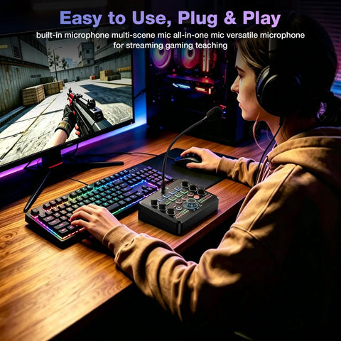 Person using All In One Live Sound Card Mixer with Gooseneck Mic and Voice Changer for Streaming Gaming on PC