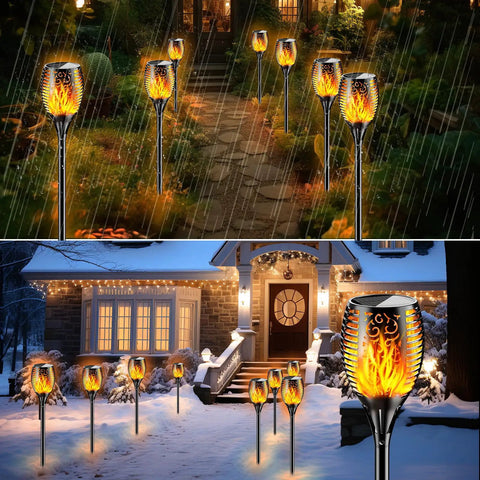 Outdoor Solar Torch Lights With Realistic Flickering Flames Adjustable Height 30.7 To 43 Inches Weatherproof Yard Path Torches Cordless Easy Setup Warm Ambient Glow For Nighttime Entertaining illuminating pathways in rain and snow