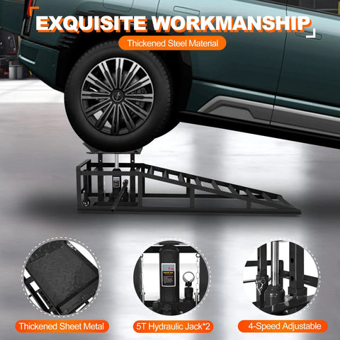 SUV on pair of hydraulic car ramps with wheels, heavy duty 5 ton lift ramps for oil changes, portable home garage lifts.