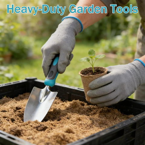 Person holding trowel and plant near soil, part of 10 Piece Heavy Duty Stainless Steel Garden Tool Set With Ergonomic Rubber Handles All In One Yard Tools Kit For Digging Pruning Planting Weeding Raking And More Comes In Gift Box Awesome Gift For Women.