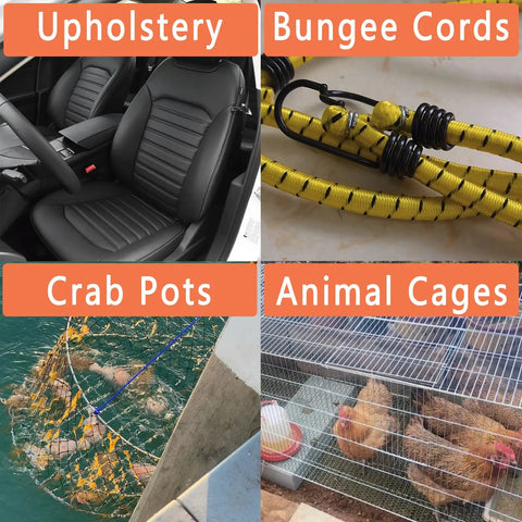 Grid showing uses for Beefy Hog Ring Pliers Kit: upholstery, bungee cords, crab pots, and animal cages.
