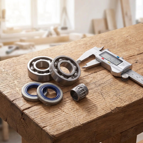 Chainsaw Crank Bearing Seal Kit For Husqvarna HUS357 359 357XP on wooden surface with caliper