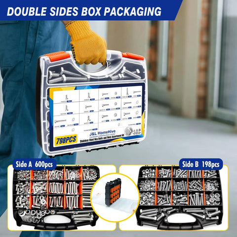 798 Piece Stainless Steel Hex Bolts And Nuts Assortment Kit With Flat And Lock Washers Includes 1/4 20, 5/16 18, 3/8 16, 1/2 13 Bolts And Nuts In Lengths From 1/2 Inch To 2 1/2 Inches Heavy Duty Pro Grade Hardware Set For Home And Garage Projects in double-sided case