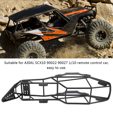 Heavy Duty RC Roll Cage Metal Frame For 1/10 Scale Crawler Trucks Full Tube Chassis Durable Black Metal Construction 355mm Length Fits Custom Builds And DIY Hobbyists Perfect For RC Crawler Projects, shown in assembled and standalone views