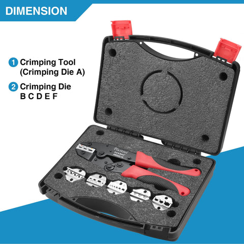 6 Piece Ratcheting Crimping Tool Set For Wire Crimping With Pro Grade Performance in a black storage case with chrome dies.