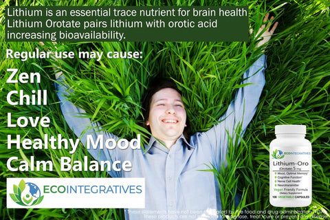 Lithium Orotate 5mg Bioavailable Capsules That Boost Mood And Support Emotional Wellness Cognitive Function Memory And Behavior With Neurotransmitter Support 100 Capsules bottle next to a person lying in green grass.