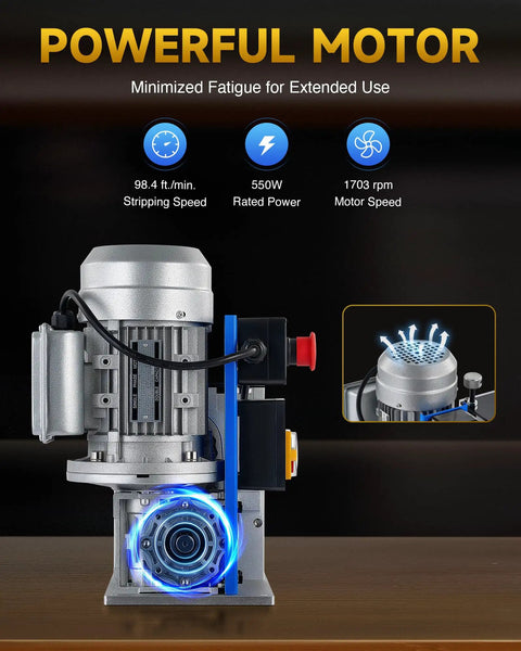 Heavy Duty Automatic Wire Stripping Machine With Eleven Channels And 550W Motor showing powerful motor with blue LED and technical features.