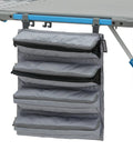 Hanging Organizer For Outdoor FlexRail Camp And Cook Table, Durable Weather Resistant Pocketed Storage attached to table.
