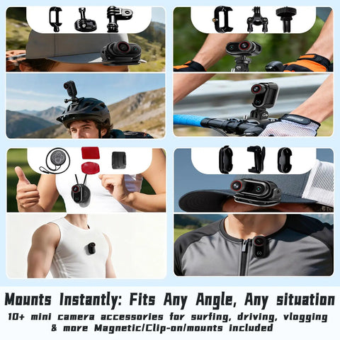 Ultra Compact 4K Sports Action Camera With 140 Degree Wide Angle, Wearable Body Cam for Cycling, Travel, Pets, and Vlogging shown with accessories