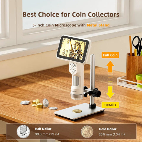 Portable Coin Digital Microscope With 5 Inch IPS Screen Hands On Style For Adults And Kids, Anti Shake Design, 8 LED Illumination, 1080P Video, 1800mAh Battery, PC View, And 7.3 Inch Metal Stand on desk with coins