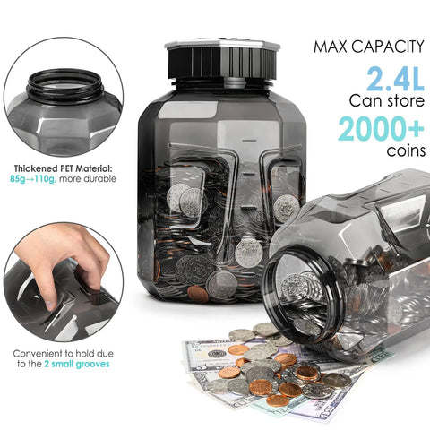 Extra Large Piggy Bank For All US Coins With LCD Digital Counter, 2.4L Capacity, showing multiple coins and convenience grips
