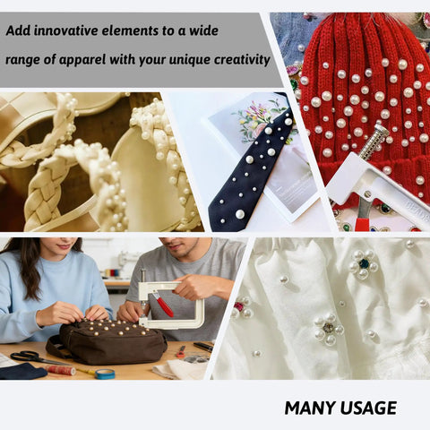 All In One Pearl Setting Kit With 4085 Beads And Nails For DIY Pearl Setting Machine in use on various fabric items