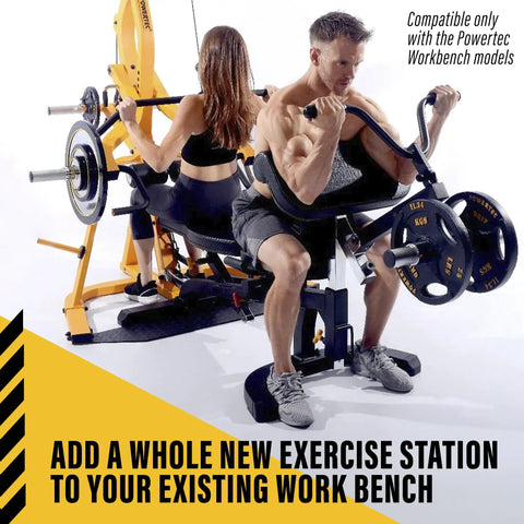 Male using Curl Machine Attachment For Your Workbench With 200 Lb Capacity Plate Loaded Bicep Builder Station
