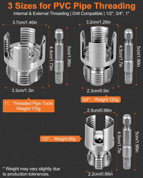Heavy Duty 3PCS Carbon Steel Pipe Threading Tool Kit For 1/2 3/4 And 1 Inch PVC Pipes with sizes and weights for threading PVC.