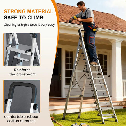 Heavy Duty Folding Step Ladder With Handrail 11 Steps Stainless Steel Anti Slip Pedals Sponge Handrail Safe Lock Design Space Saving Tall Kitchen Closet Ladder For Home And Garage Use, man cleaning roof