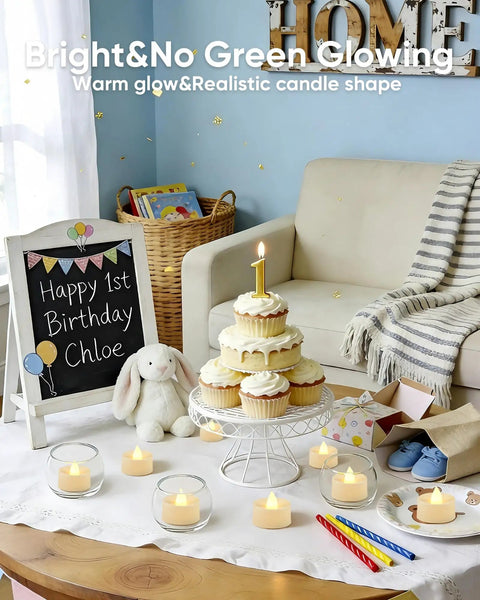 Birthday setup with cupcakes and 30 Pack Flickering Flameless Tea Lights Battery Operated For Wedding Table Centerpieces