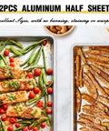 Pro Level Pure Aluminum Baking Sheet Pan Set No Coating Warp Resistant Half Sheet with roasted vegetables and salmon.