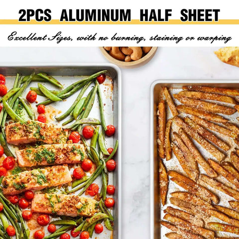 Pro Level Pure Aluminum Baking Sheet Pan Set No Coating Warp Resistant Half Sheet with roasted vegetables and salmon.