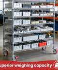 Set Of Four Heavy Duty Industrial Swivel Caster Wheels With Locking Brakes 4000 Lb Capacity under a shelving unit with tools.
