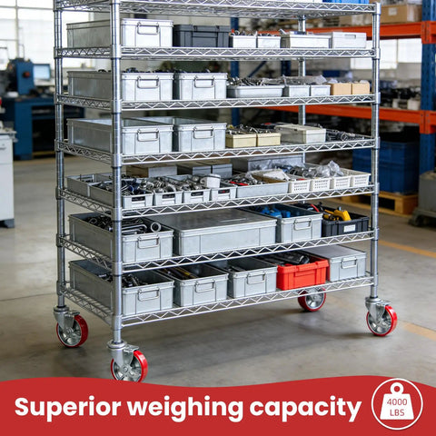 Set Of Four Heavy Duty Industrial Swivel Caster Wheels With Locking Brakes 4000 Lb Capacity under a shelving unit with tools.