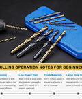 Top Notch 13 Pack Drill Bit Set From 1 16 Inch To 1 4 Inch Featuring Tough M2 High Speed Steel, Straight Shank Design For Metal Wood And Steel With Super Sharp 135 Degree Split Point And Durable Black Oxide Finish. Drill bits on blue case with drill and beginner drilling notes.