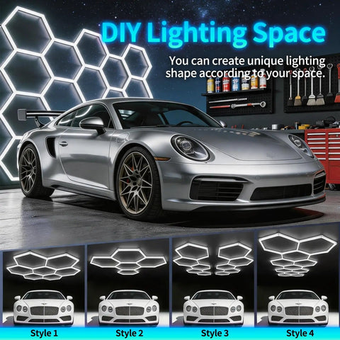 Beast Bright Hexagon LED Garage Light Kit 168W 16,800 Lumens 6500K Daylight White illuminating car in garage.